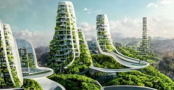 Cum arată orașele viitorului, proiectate de Inteligența Artificială: Zgârie-norii acoperiți de copaci și plante vor purifica aerul